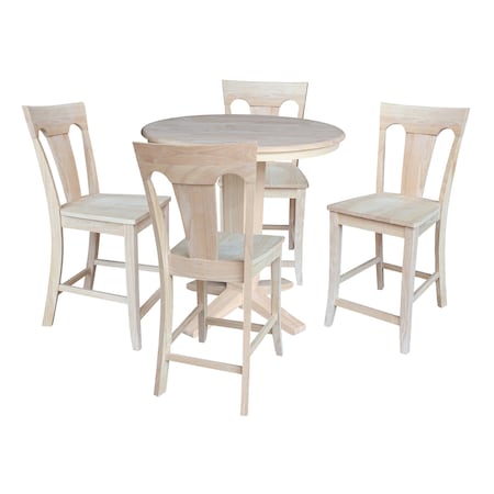International Concepts 36 in. Round Top Counter Height Dining Table with 4 Stools, Unfinished K-36RT-23B-S6682-4